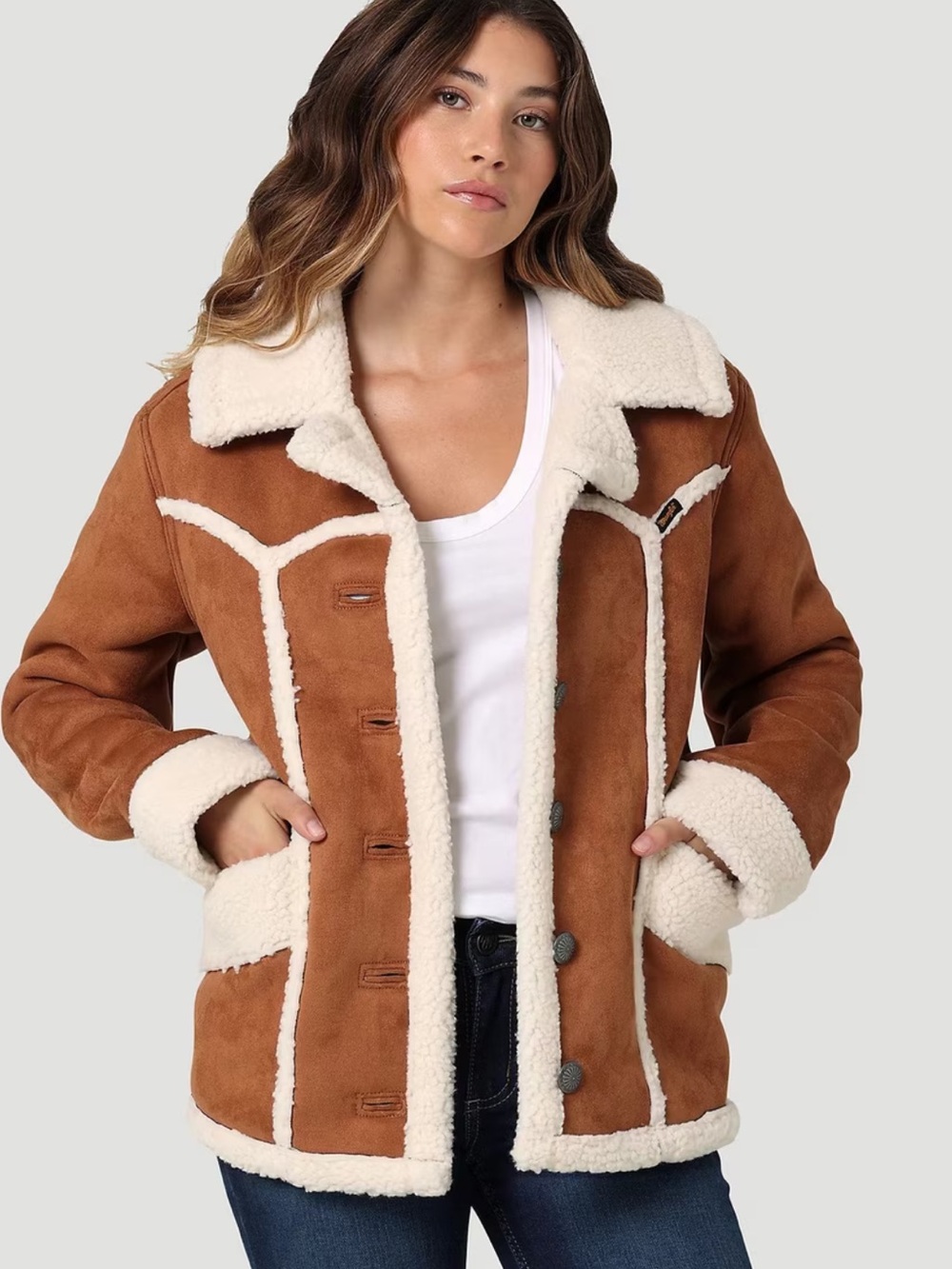 Wrangler Brown Jacket with Cream Faux-Shearling Trim beautiful condition